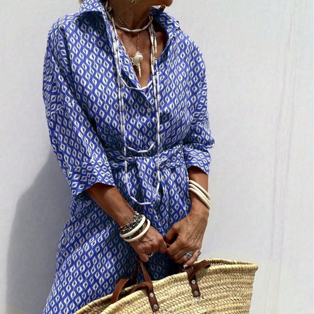 Blue Casual Women's Hem Short Sleeve Shirt Drop Shoulder Dress